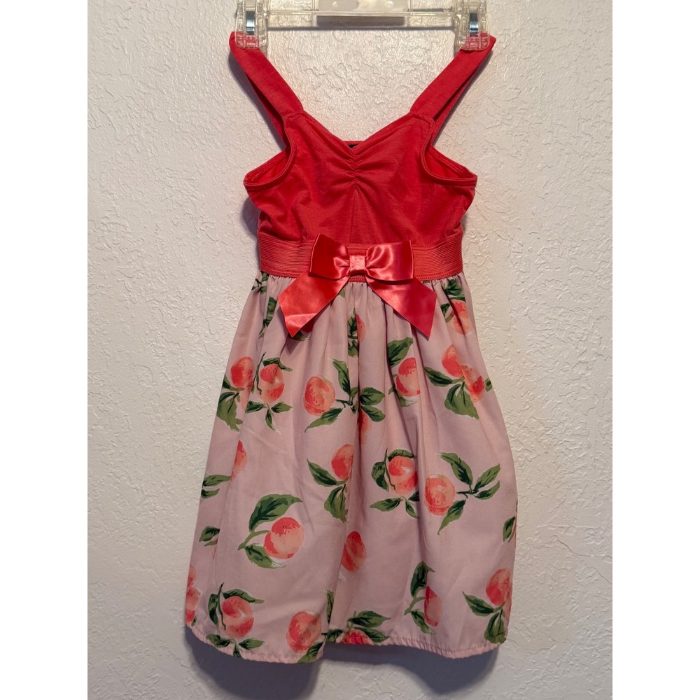Lilt Girls Peach Print Sleeveless Dress Coral Pink Satin Bow Size 5 XD56356SB